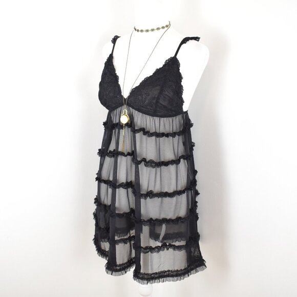 VTG 00s Y2K Black Sheer Mesh Ruffle Tiered Floral Lace Flowy Babydoll Slip Dress - Picture 2 of 5